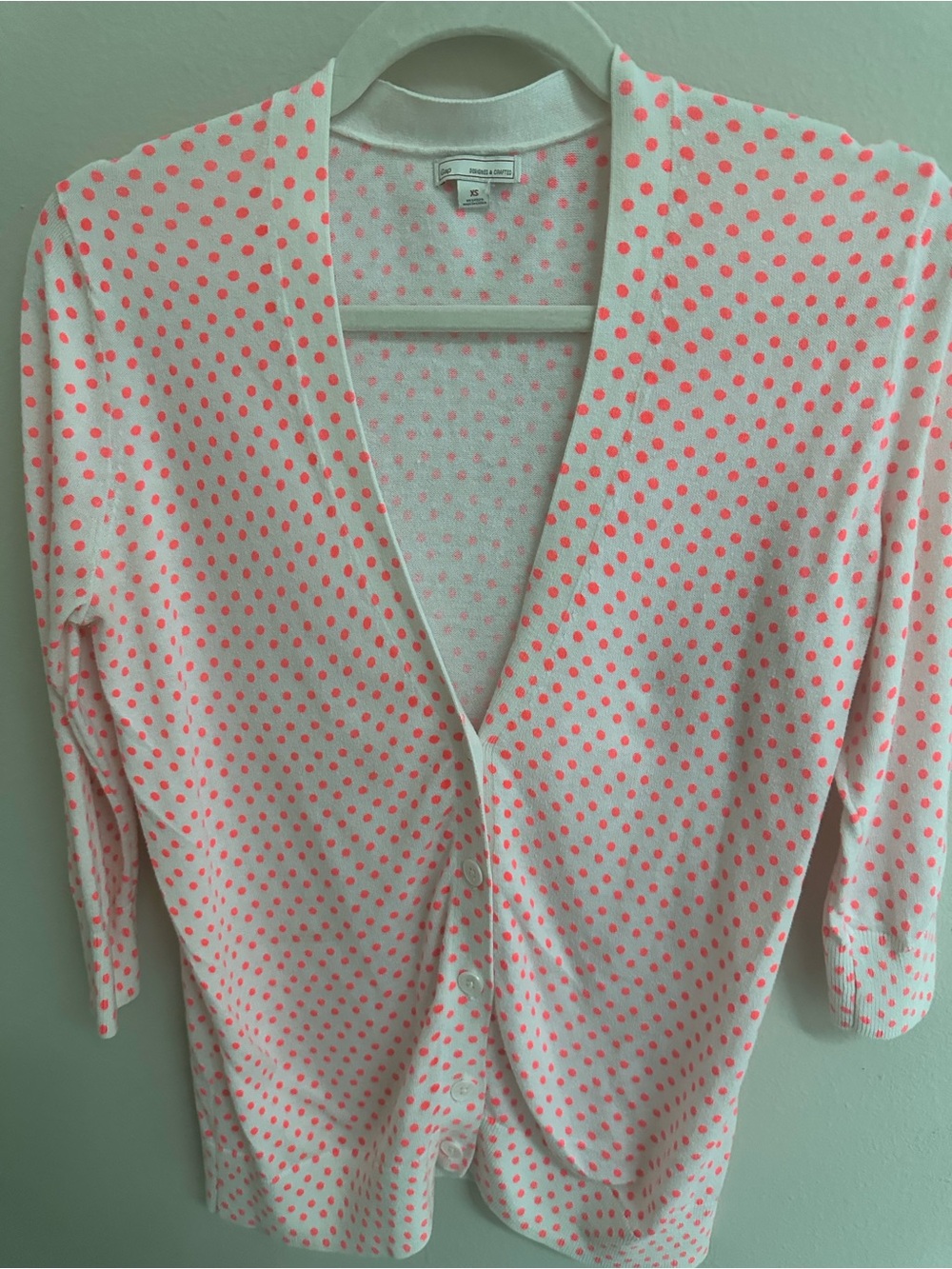 GAP White Cardigan with pretty Coral Pink Polka Dots, Size XS